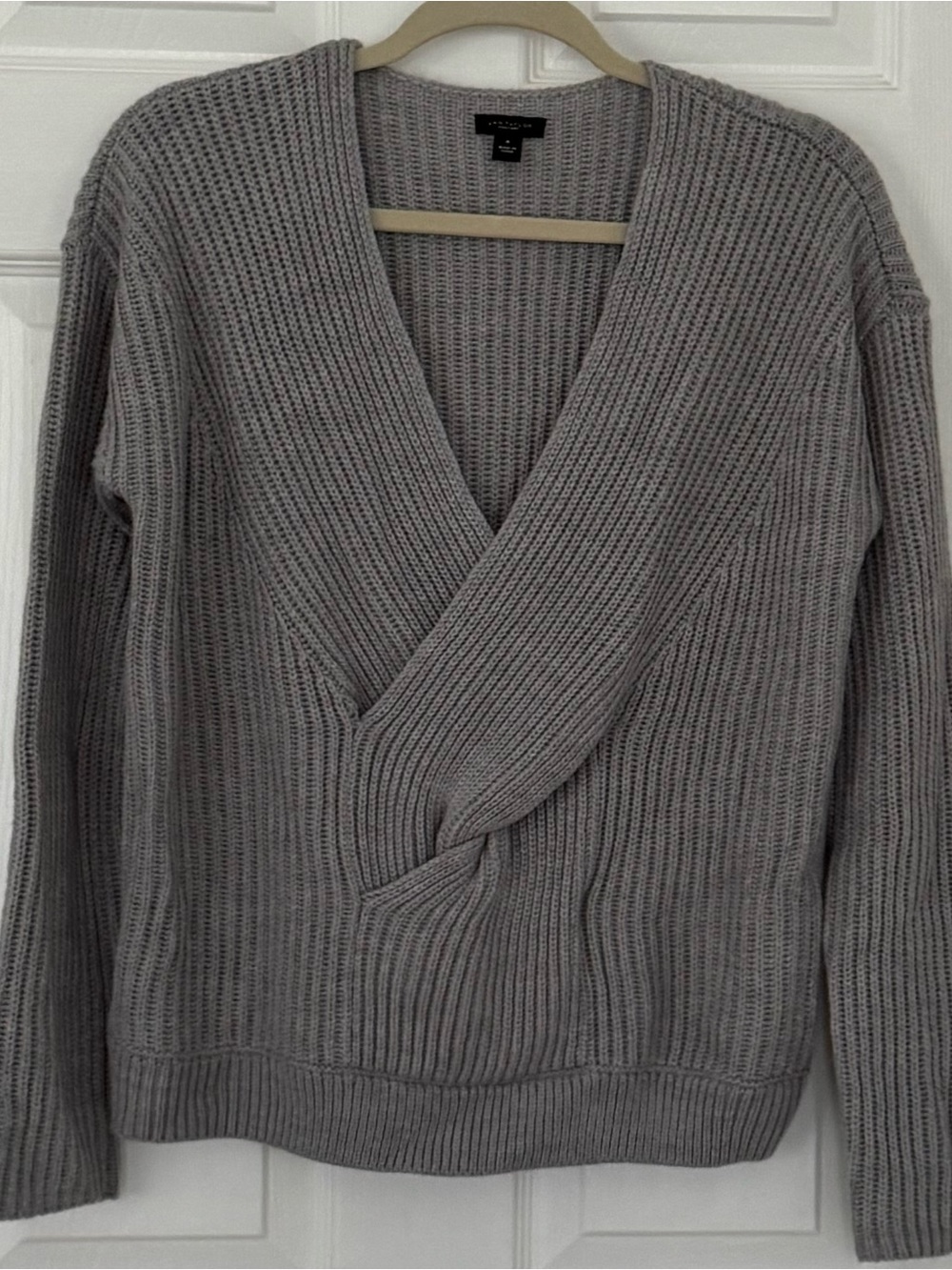 Ann Taylor Factory Gray Twist-Front V-Neck Sweater